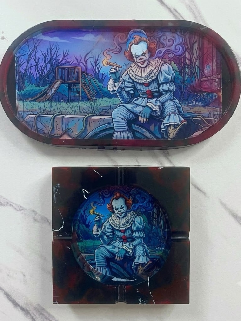Handmade Pennywise IT Resin Ashtray & Rolling Tray Set Horror Collector Gift
